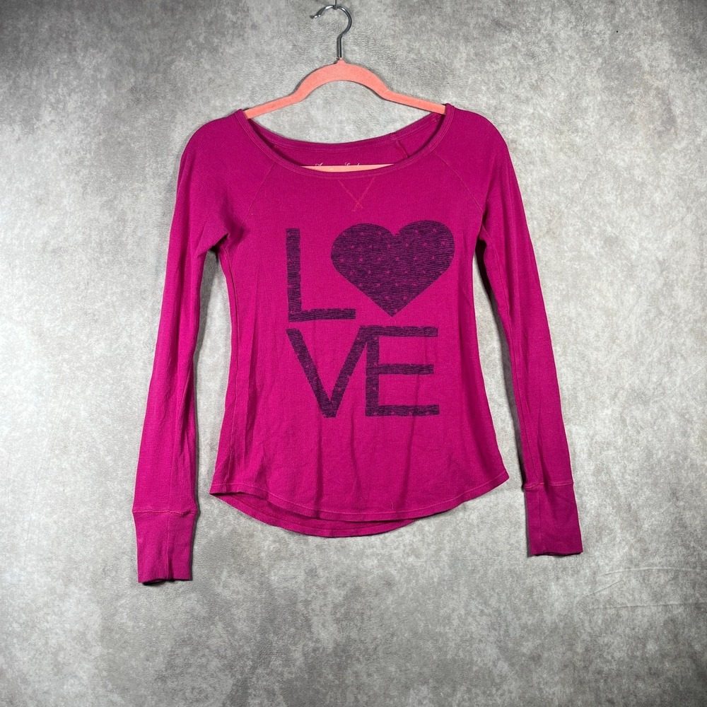 American Eagle Thermal Waffle Knit Shirt Womens XS Pink LOVE Long Sleeve Y2K